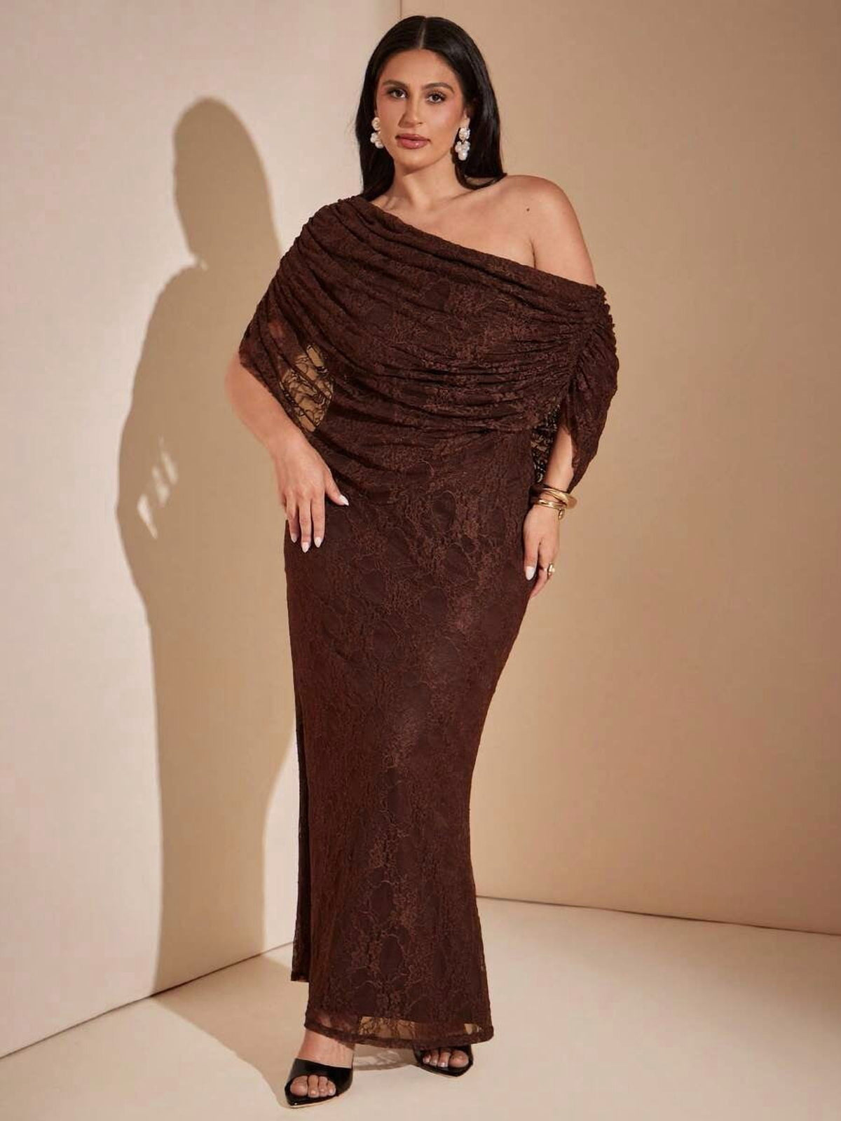 thumbnail image 4 of Plus Size Brown Lace Mermaid Maxi Dress Cowl Neck Off Shoulder, 4 of 8
