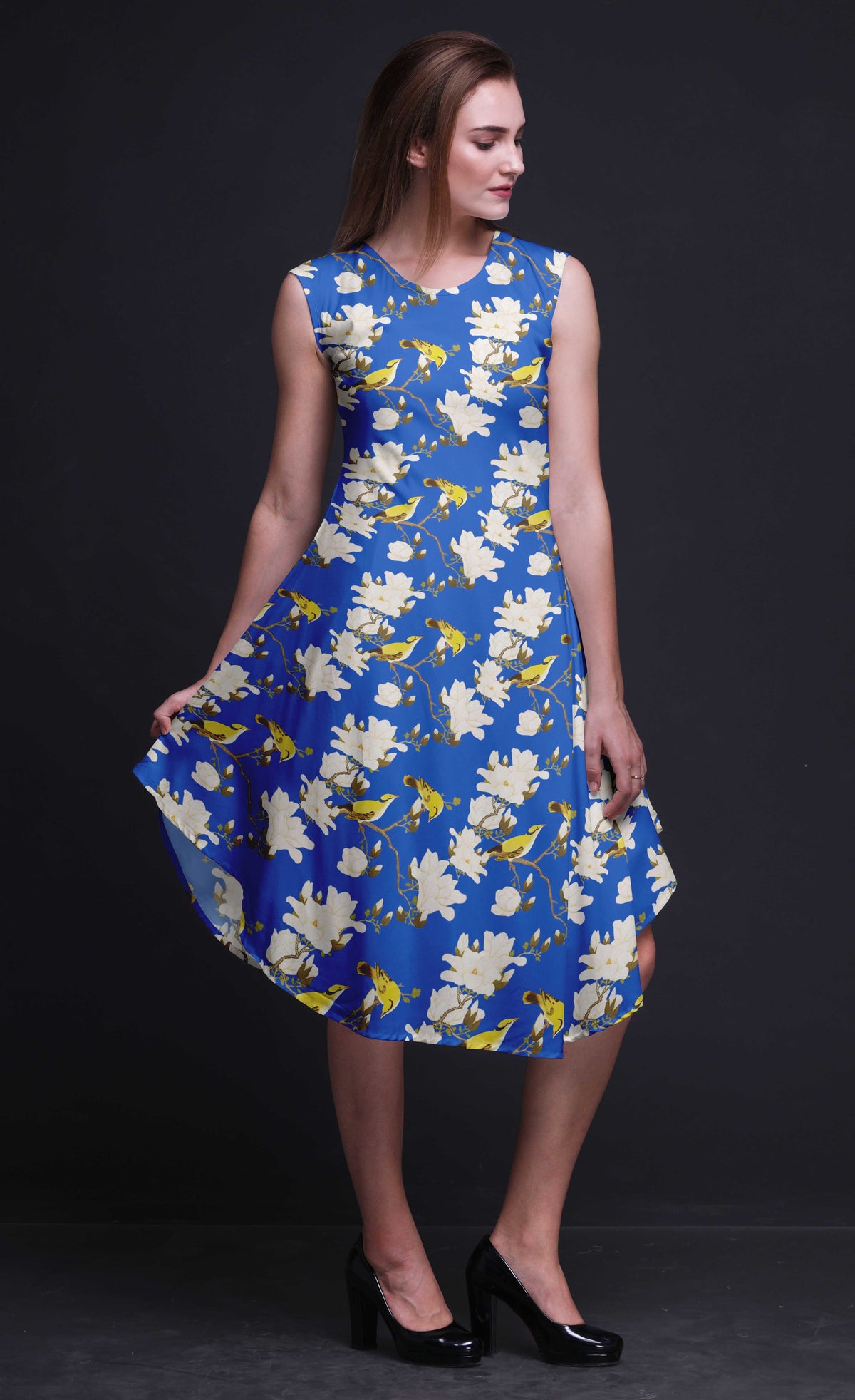 thumbnail image 5 of Bimba Blue Floral & Leaves Bird Bird Printed Knee Length Ladies Sleeveless Holiday Wear Tank Dress-X-Small, 5 of 6