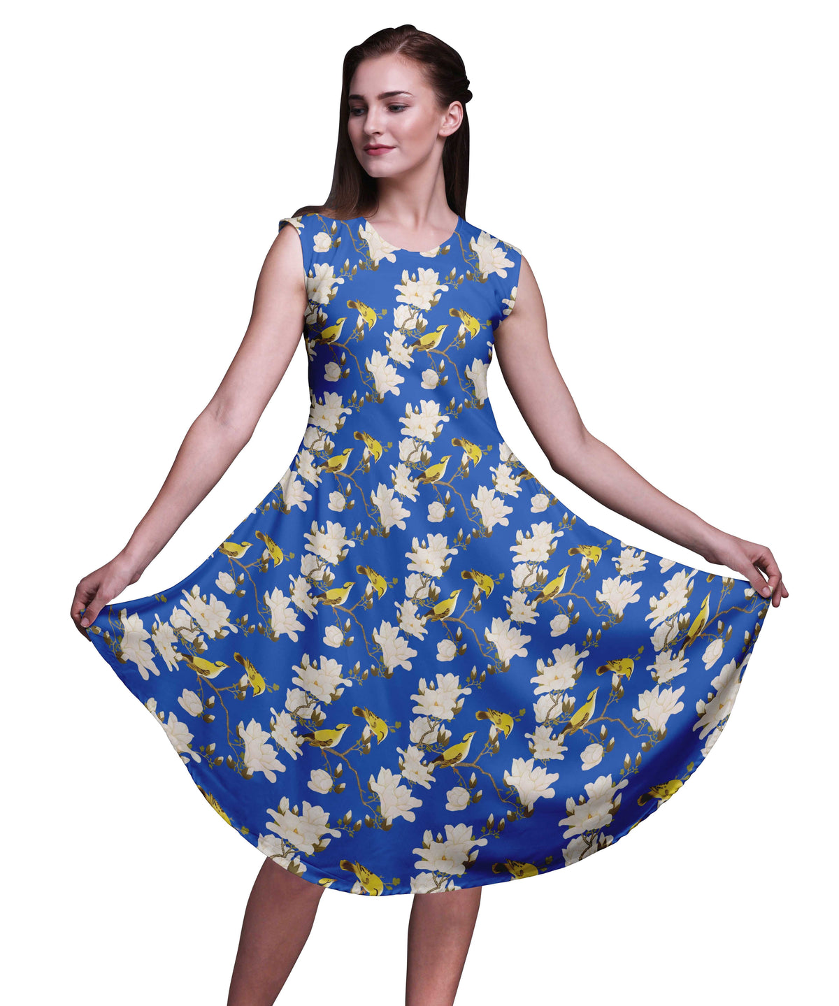 thumbnail image 1 of Bimba Blue Floral & Leaves Bird Bird Printed Knee Length Ladies Sleeveless Holiday Wear Tank Dress-X-Small, 1 of 6