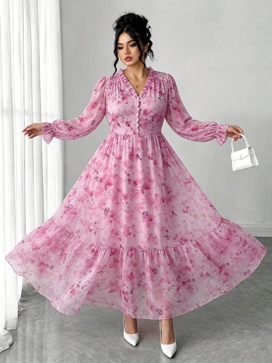 thumbnail image 3 of Womens Elegant Pink Floral Chiffon Long Sleeve V-Neck Maxi Dress, 3 of 7