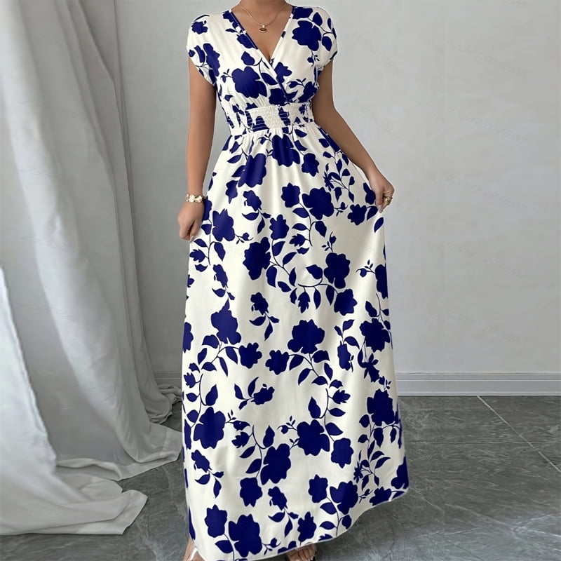 thumbnail image 4 of MORTTIC Women's Floral Print V-Neck Maxi Dress with Elastic Waist Bohemian Summer Casual Long Dress Dark Blue，S, 4 of 8