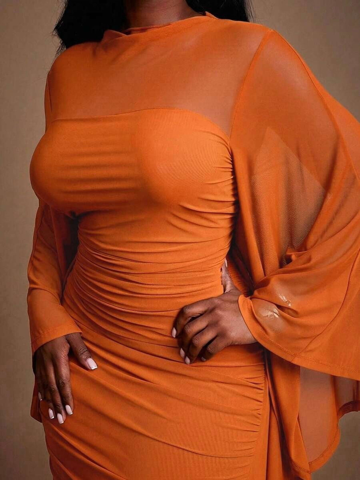 thumbnail image 5 of Womens Orange Ruched Long Sleeve Sheath Dress With Kimono Sleeve, 5 of 6