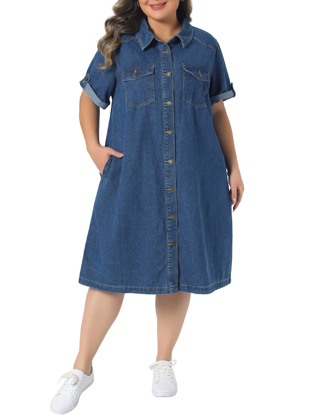 thumbnail image 2 of NOMADIC NOOK Women's Plus Size Smocked Dresses and Button Down Lapel Short Sleeve Midi Summer Casual Denim Jean Shirt Dress with Pockets 3X Light Green/Blue, 2 of 7