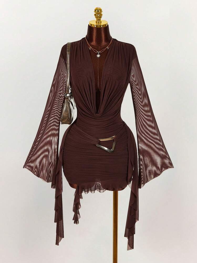 thumbnail image 4 of Brown Long Sleeve Mesh Mini Dress with Ruffle Hem, 4 of 10