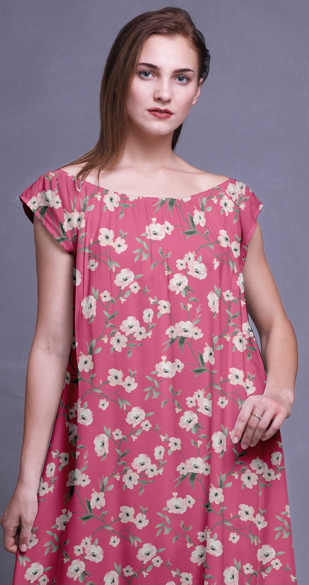 thumbnail image 2 of Bimba Printed Long Maxi Dress For Women Rayon Sleepwear Short Sleeve Nightgown, 2 of 4