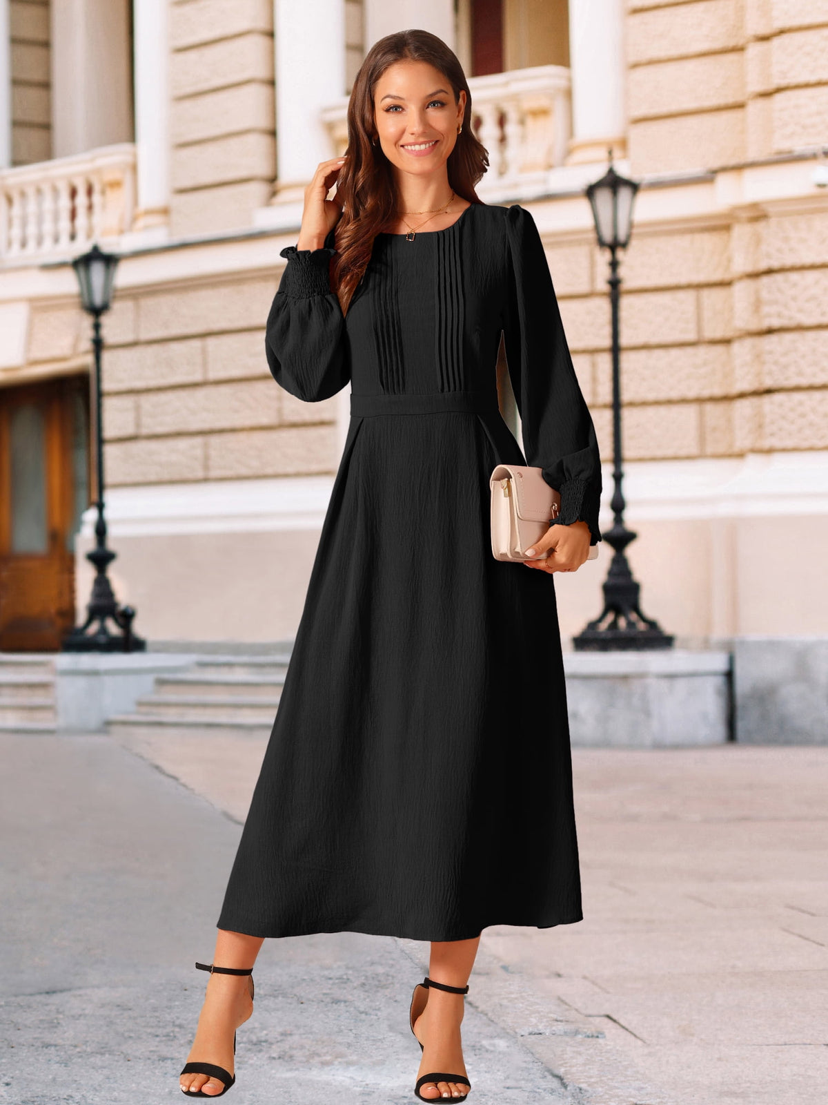thumbnail image 4 of DARING DIVA Frilled Crewneck Long Sleeve Midi Fall Dress XL Black, 4 of 8