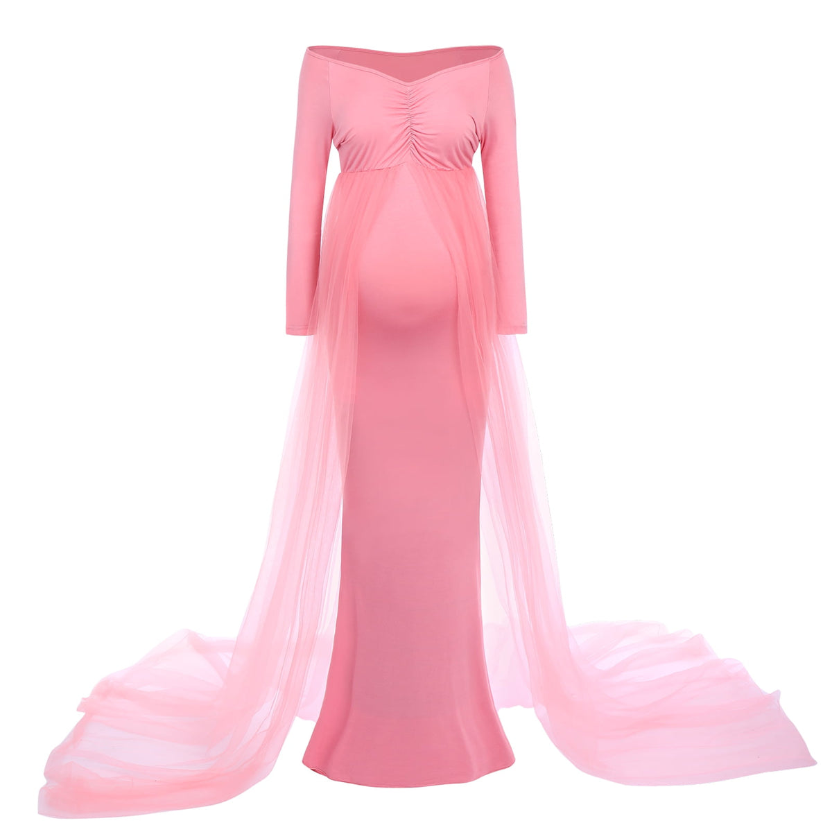 thumbnail image 2 of IBTOM CASTLE Pregnant Women Elegant Maternity Off Shoulders Half Circle Mermaid Chiffon Fitted Gown Slim Maxi Photography Dress L Pink, 2 of 8