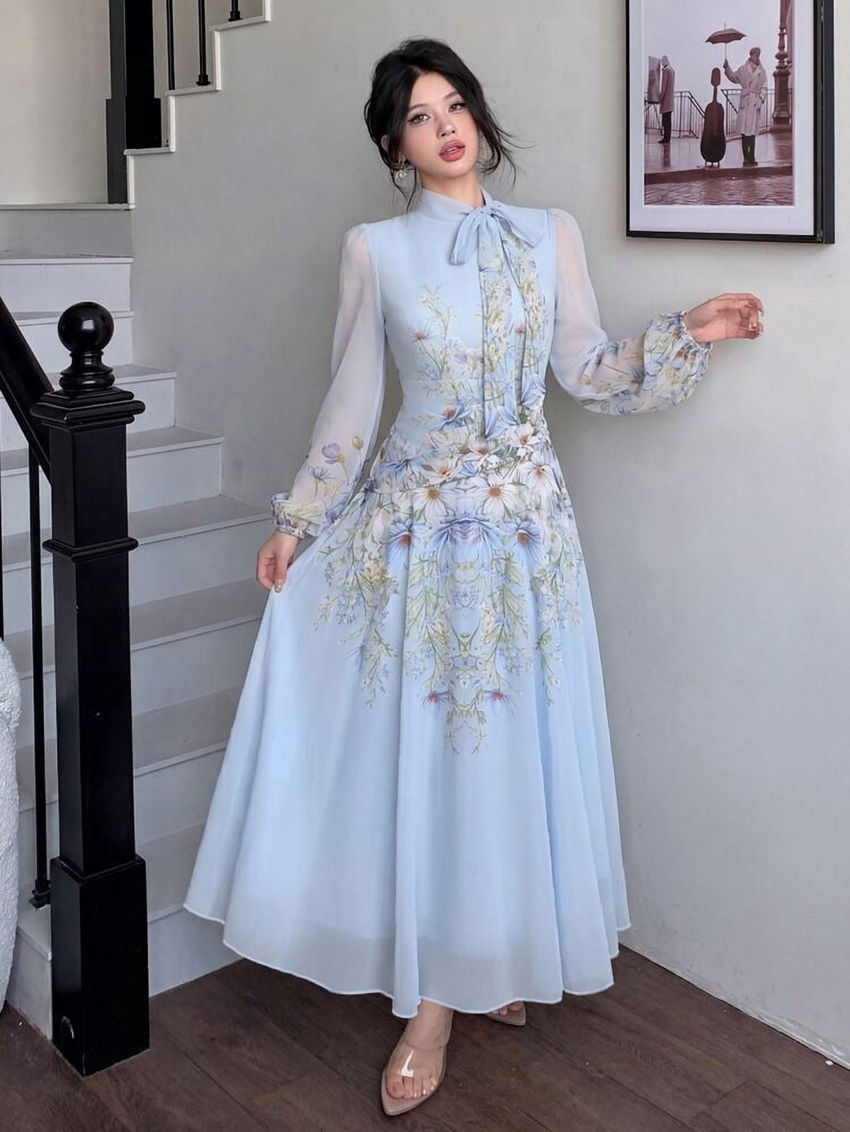 thumbnail image 5 of Blue Floral Embroidered Long Sleeve Midi Dress with Bow Neck, 5 of 8