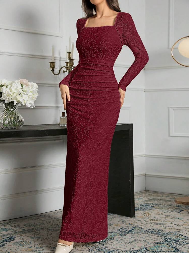 thumbnail image 5 of Burgundy Lace Long Sleeve Square Neck Fitted Evening Dress, 5 of 6