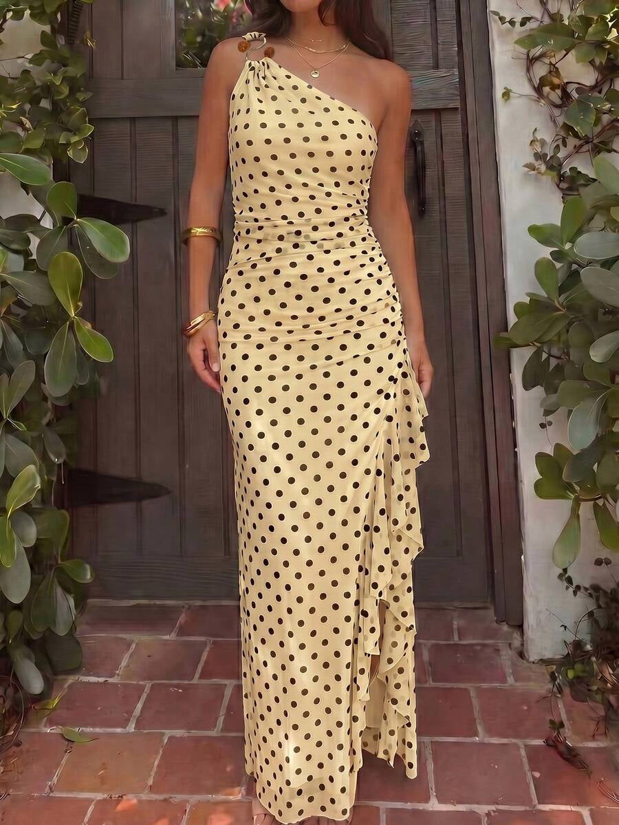 thumbnail image 4 of Womens Yellow Polka Dot One Shoulder Long Dress, Ruffle Hem Slit, 4 of 10