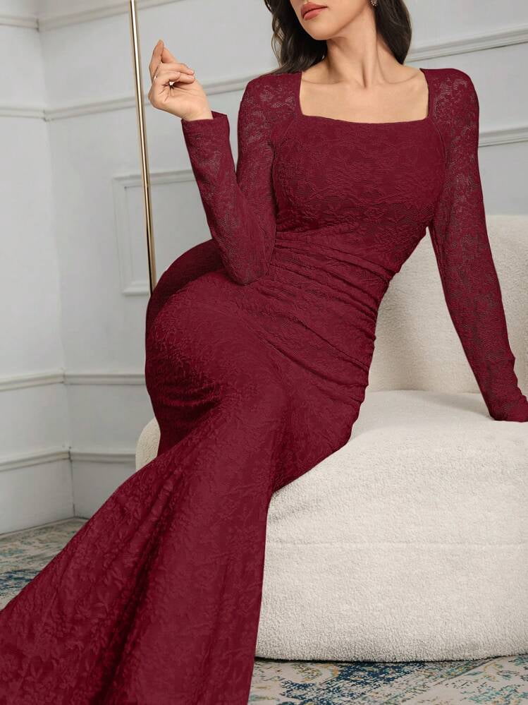 thumbnail image 4 of Burgundy Lace Long Sleeve Square Neck Fitted Evening Dress, 4 of 6