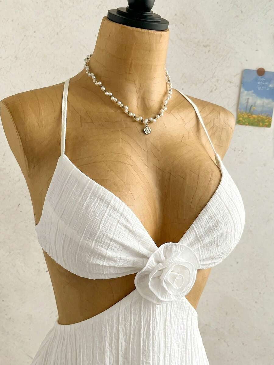 thumbnail image 5 of Women White Boho Beach Mini Dress, Hollow Out Floral Backless Summer, 5 of 9