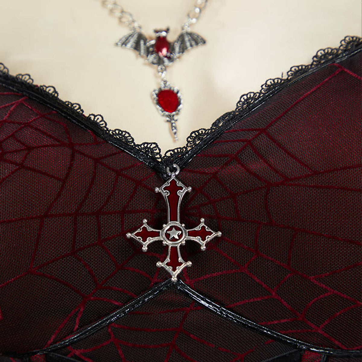 thumbnail image 6 of MEOWCOS Women's Gothic Bodycon Dress Spiderweb Pattern Fishtail Long Dress with Choker and Necklace, 6 of 7