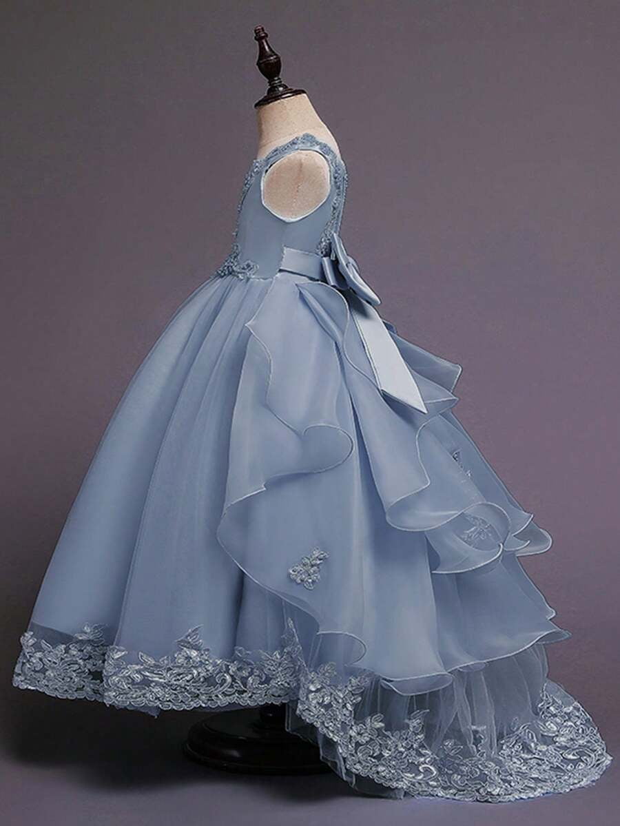 thumbnail image 2 of Dusty Blue Ball Gown Dress With Lace Embellishment And Puffy Tulle Skirt, 2 of 30