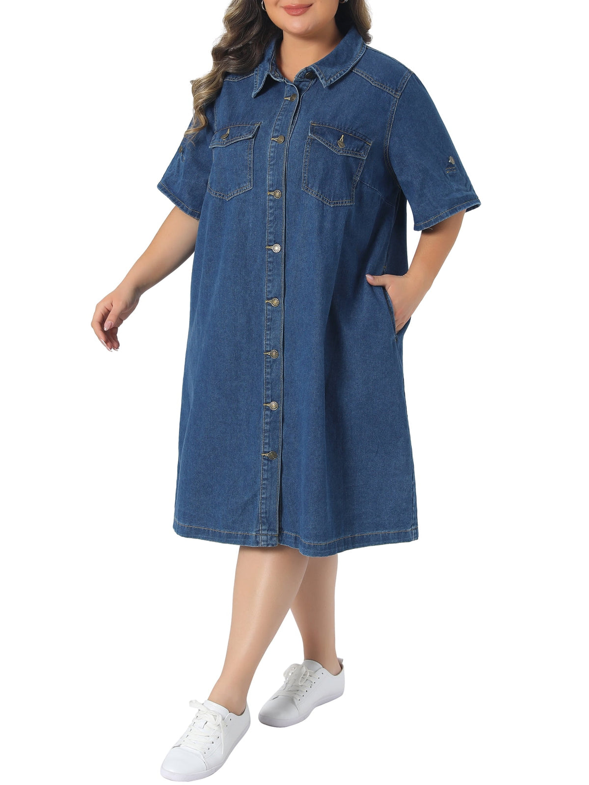 thumbnail image 4 of NOMADIC NOOK Women's Plus Size Smocked Dresses and Button Down Lapel Short Sleeve Midi Summer Casual Denim Jean Shirt Dress with Pockets 3X Light Green/Blue, 4 of 7
