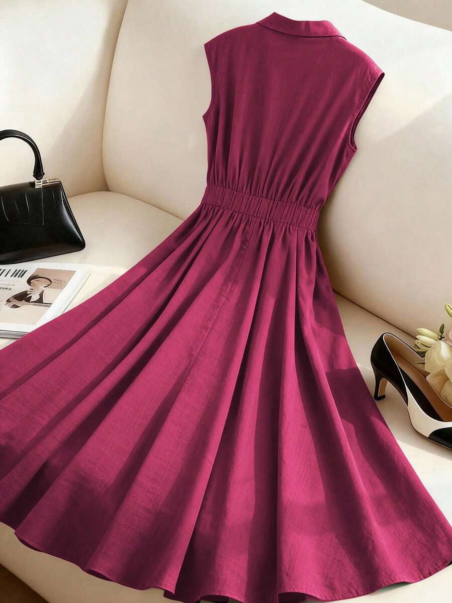 thumbnail image 2 of Womens Red Violet Sleeveless Linen Shirt Collar V-Neck A-Line Midi Dress, 2 of 5
