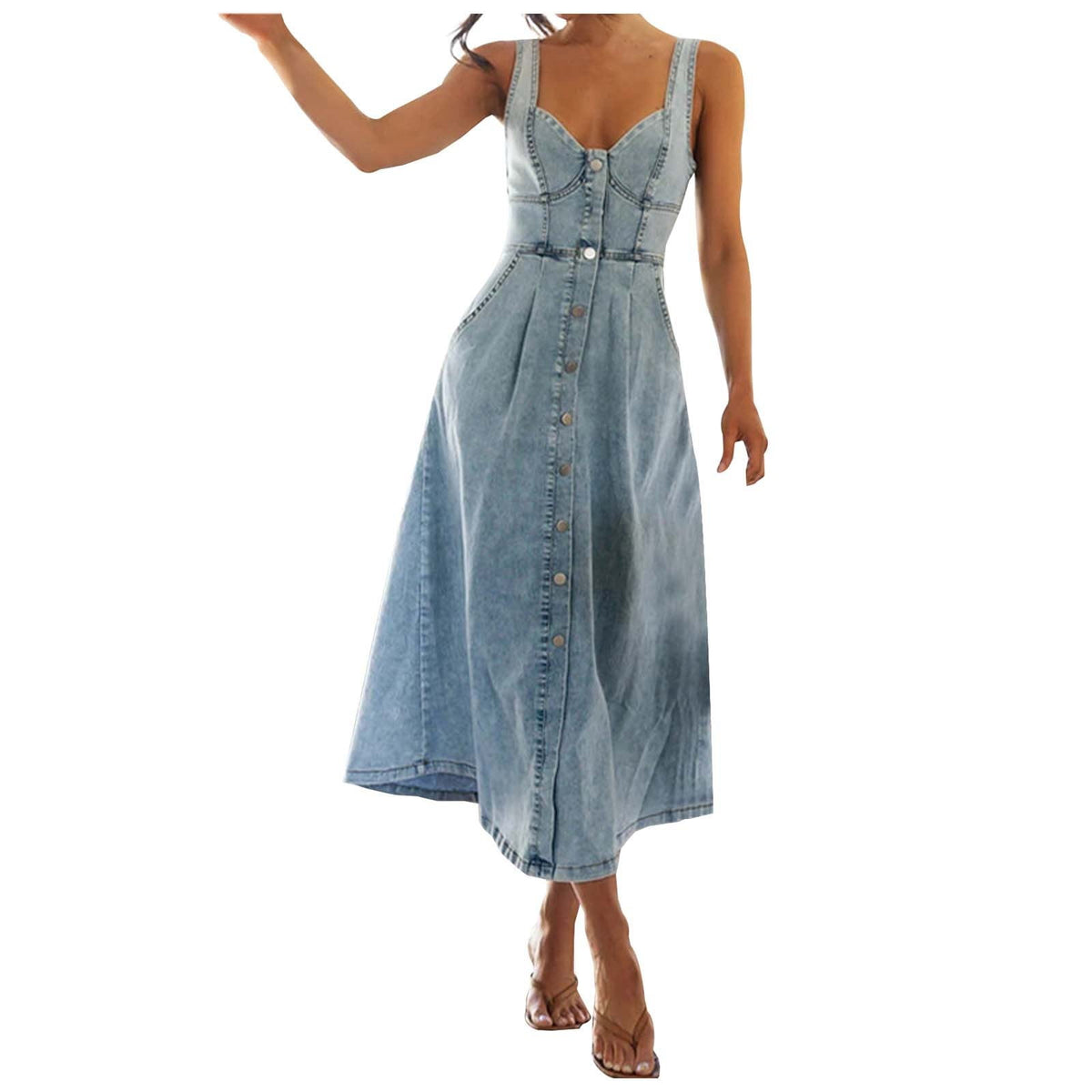 thumbnail image 2 of EliteGoogv Womens Denim Dresses Spaghetti Strap Button Front Maxi Dresses For Women Relaxed Fit Frayed Hem Summer Dresses Spring Vacation Casual Dresses Blue, 2 of 5