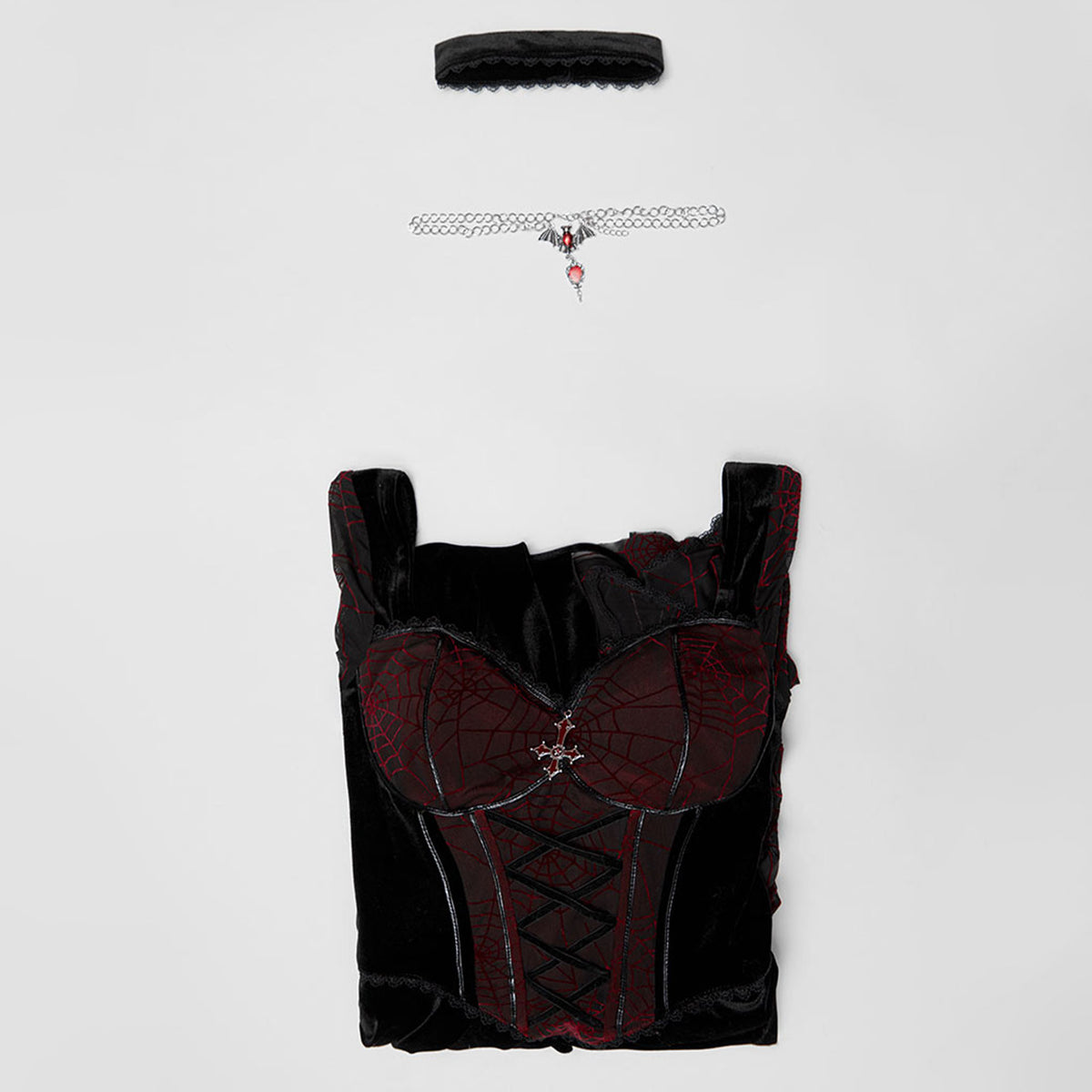 thumbnail image 7 of MEOWCOS Women's Gothic Bodycon Dress Spiderweb Pattern Fishtail Long Dress with Choker and Necklace, 7 of 7