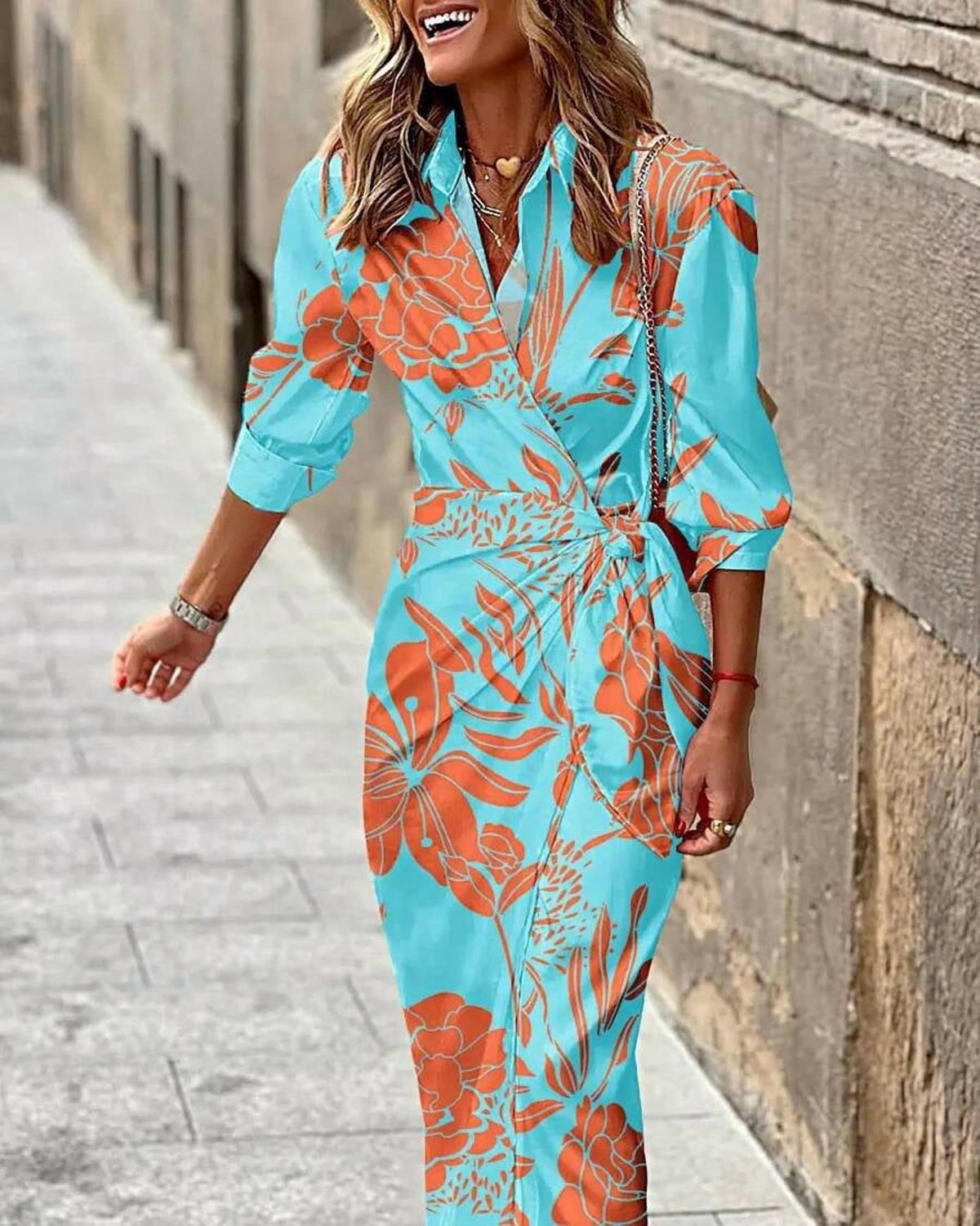 thumbnail image 1 of 7# Womens Wrap Front Floral Print Shirt Dress With Tie Waist In Turquoise, 1 of 13