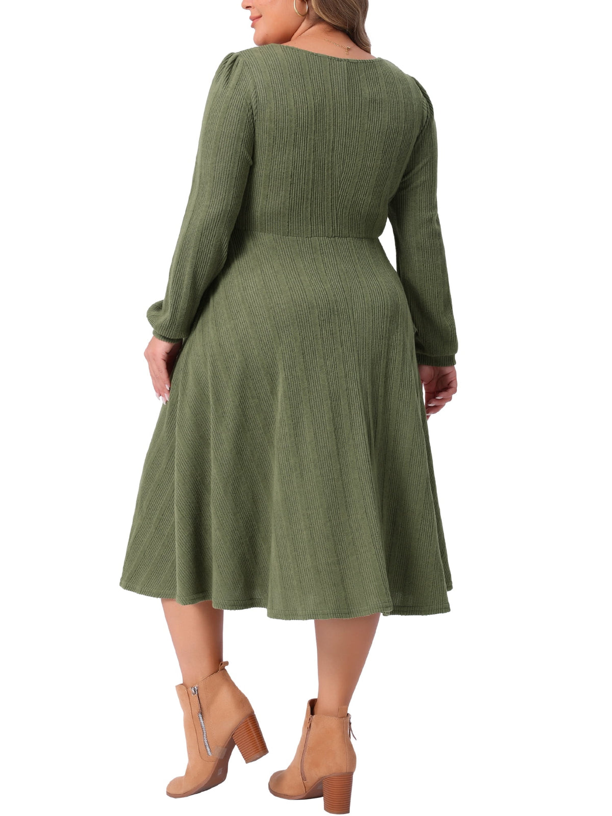 thumbnail image 3 of Agnes Orinda Women's Plus Size Halloween Outfits Long Sleeve Dress Square Neck Pockets Casual Flowy A Line Midi Knit Dresses 1X Army Green, 3 of 6