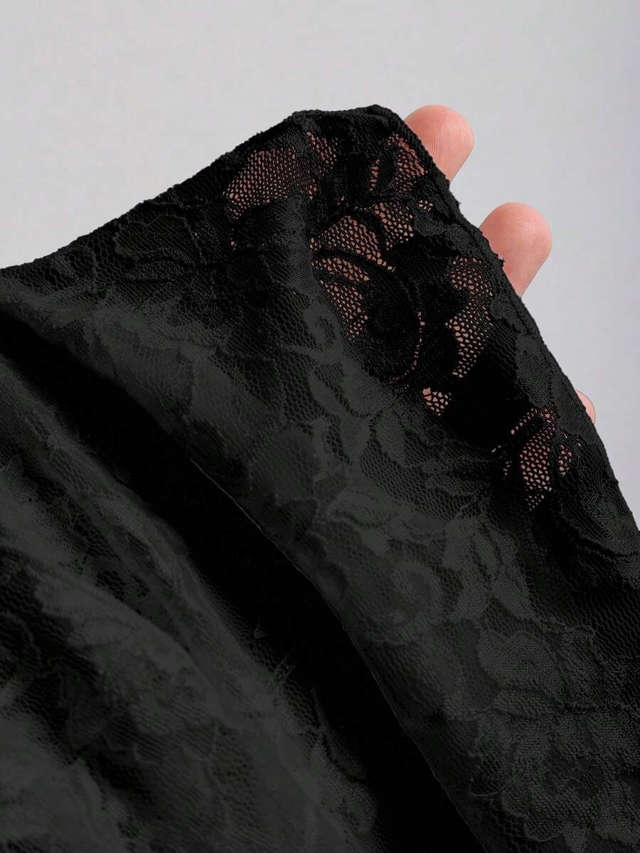 thumbnail image 5 of Black One-Shoulder Asymmetric Lace Peplum Mini Dress With Tie Details For Women, 5 of 6