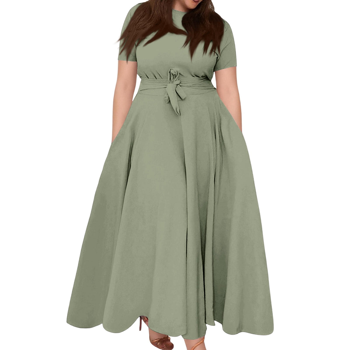thumbnail image 3 of Laqbezok Elegant Plus Size Women's Fit and Flare Dress, Round Neck Short Sleeve Maxi Dress with Waist Tie, Comfortable Office to Party Pocket Dress, 3 of 8
