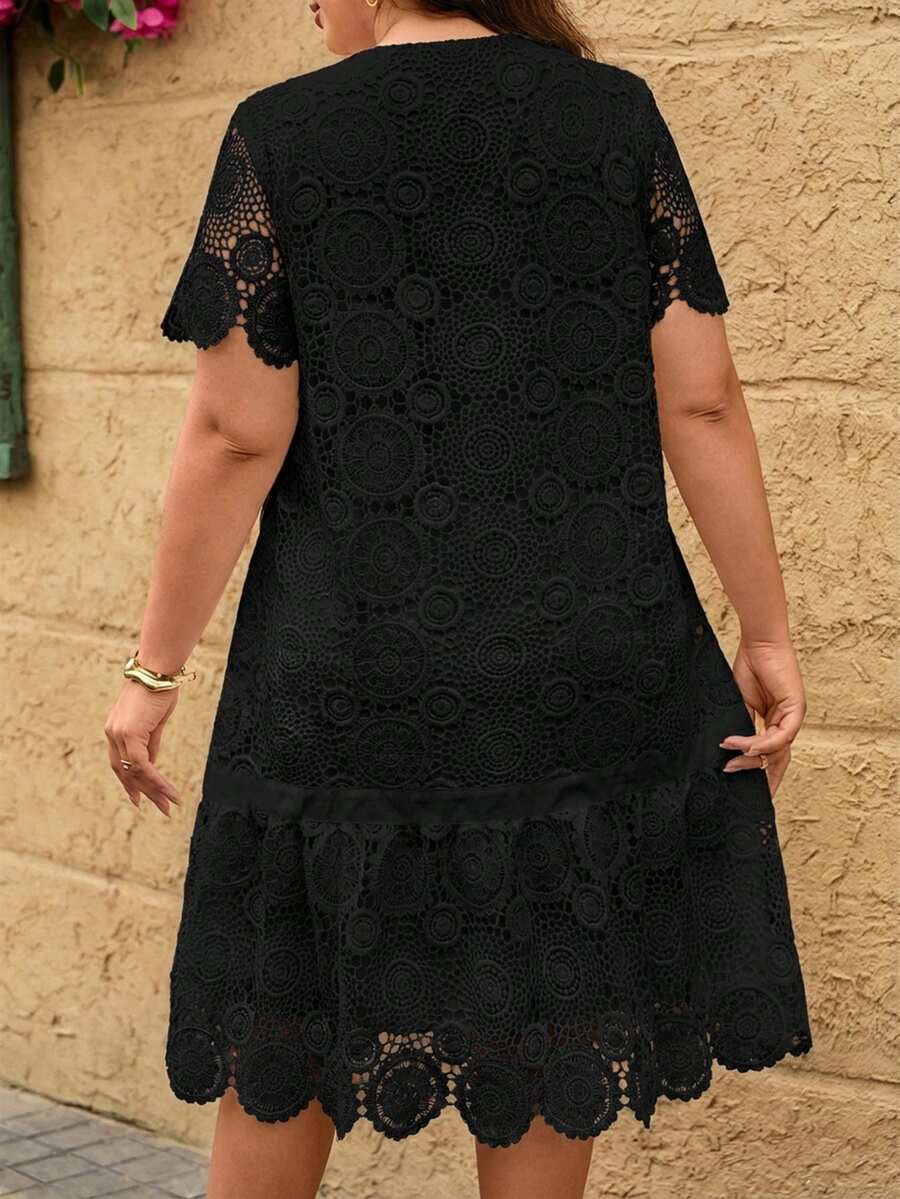 thumbnail image 2 of Plus Size Black Lace Dress with Tiered Ruffle Hem and Scalloped Edges, 2 of 7