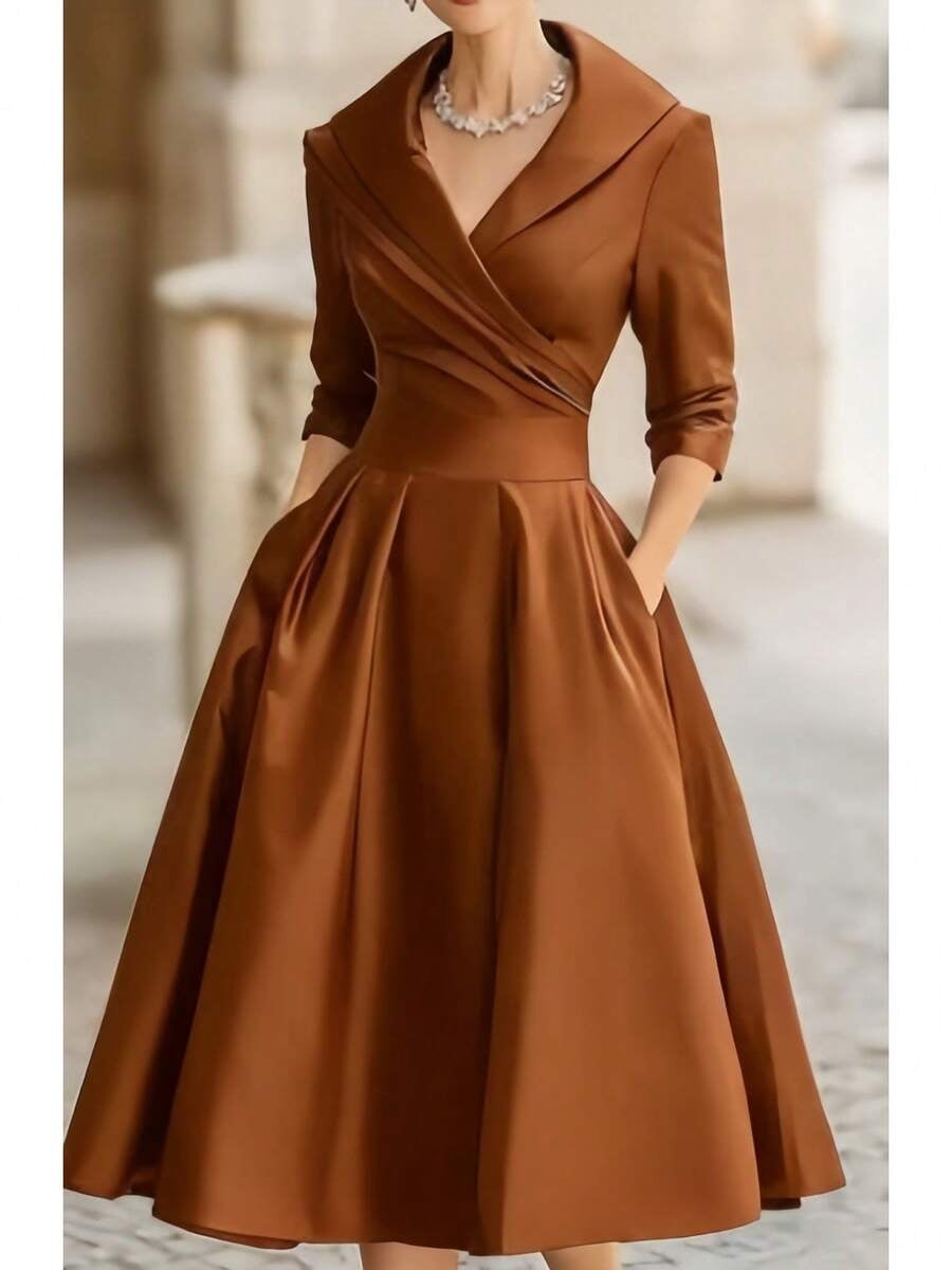 thumbnail image 2 of Womens Elegant Coffee Midi Dress with Long Sleeves, Wrap Front & Flared, 2 of 7