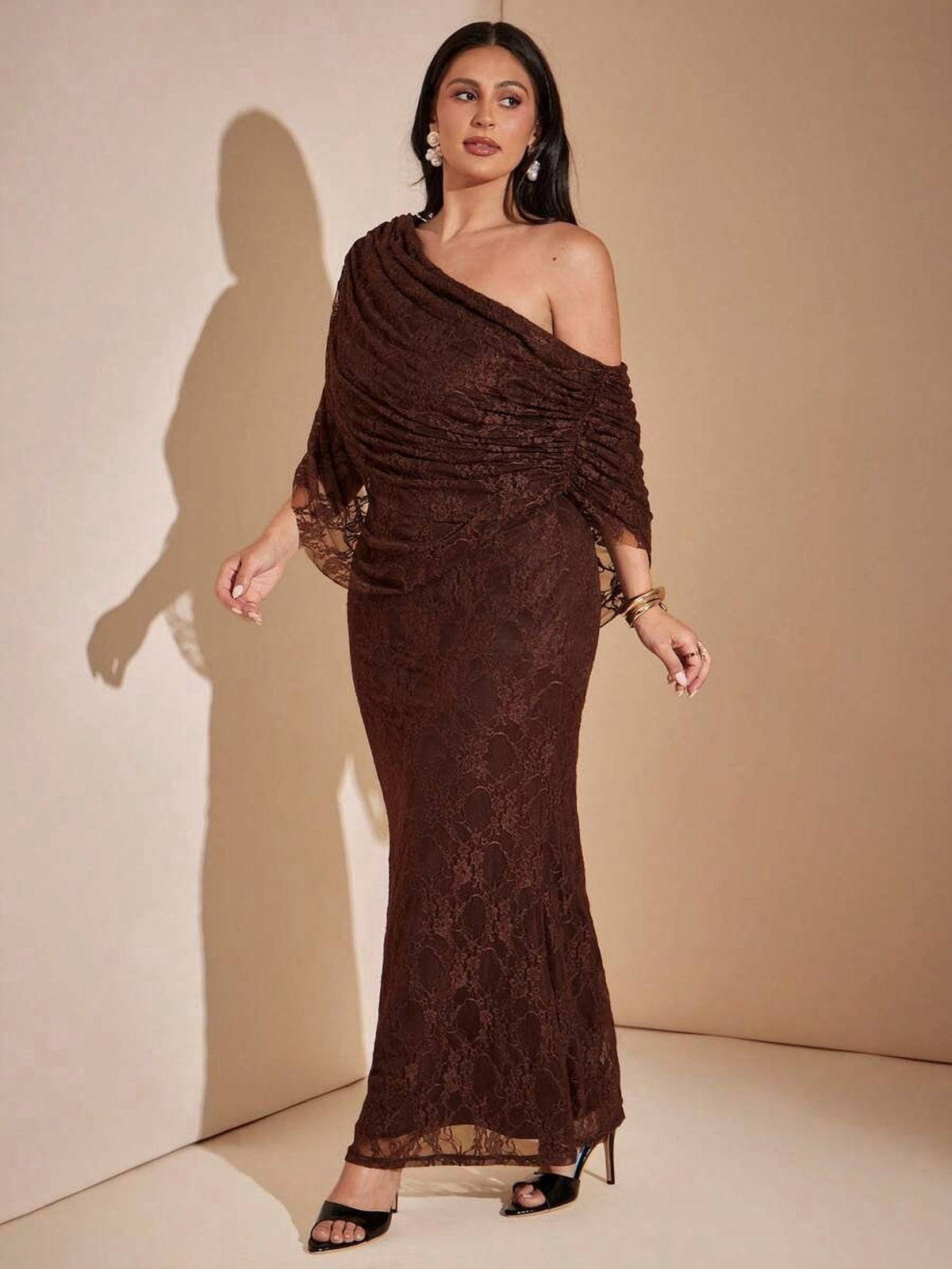 thumbnail image 6 of Plus Size Brown Lace Mermaid Maxi Dress Cowl Neck Off Shoulder, 6 of 8