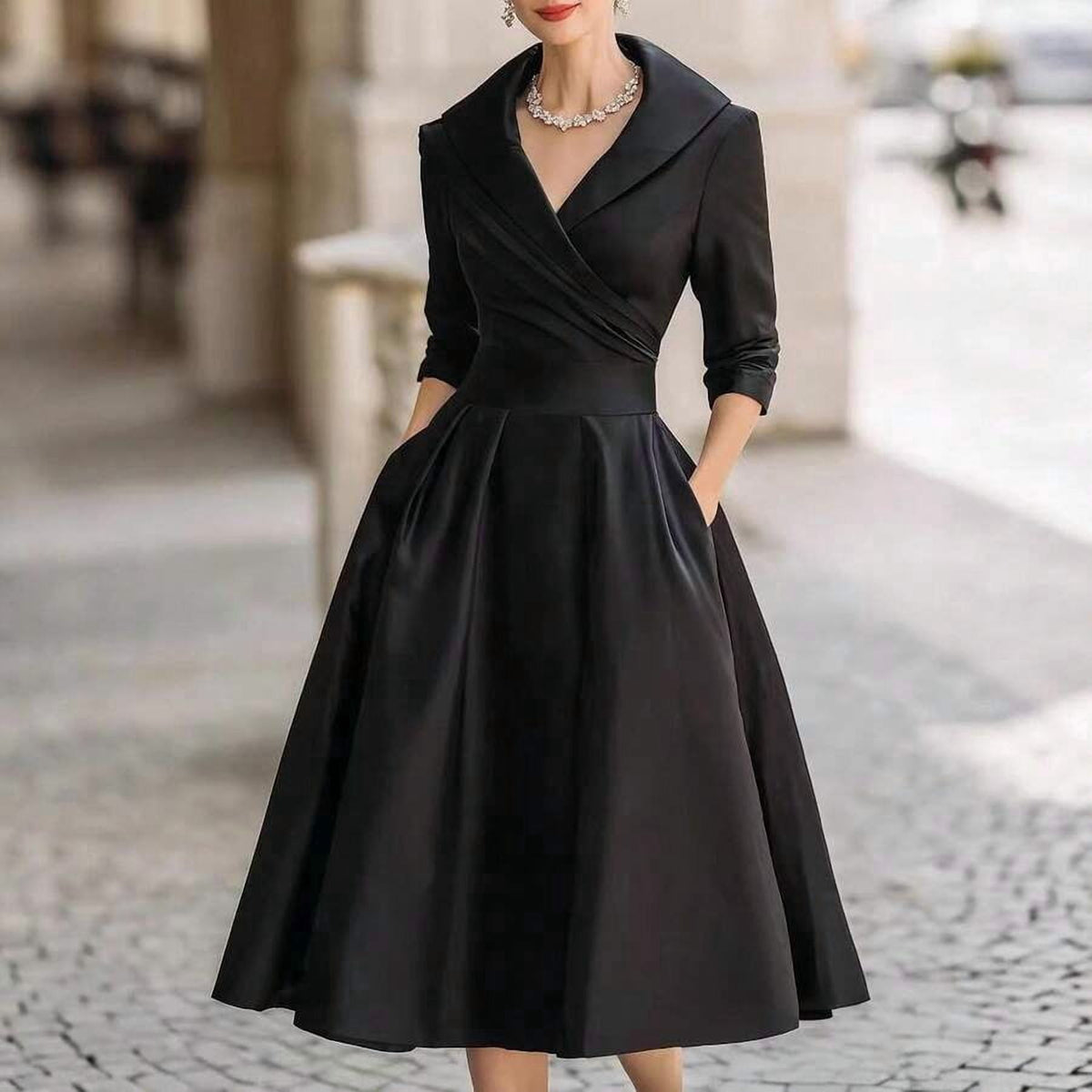 thumbnail image 3 of Womens Elegant Coffee Midi Dress with Long Sleeves, Wrap Front & Flared, 3 of 7