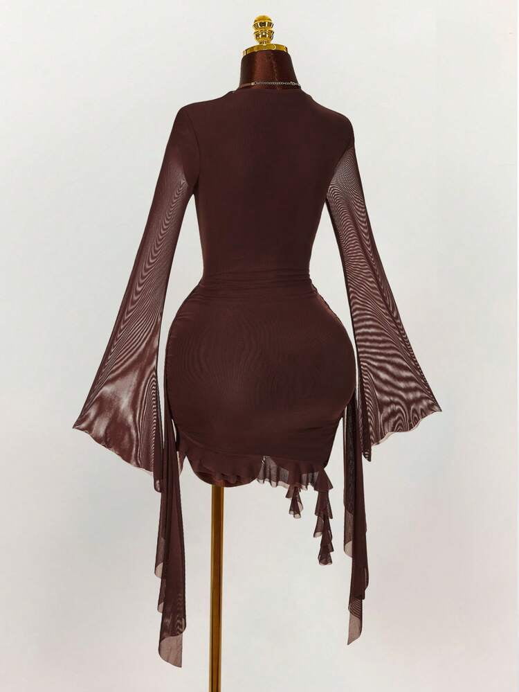 thumbnail image 2 of Brown Long Sleeve Mesh Mini Dress with Ruffle Hem, 2 of 10