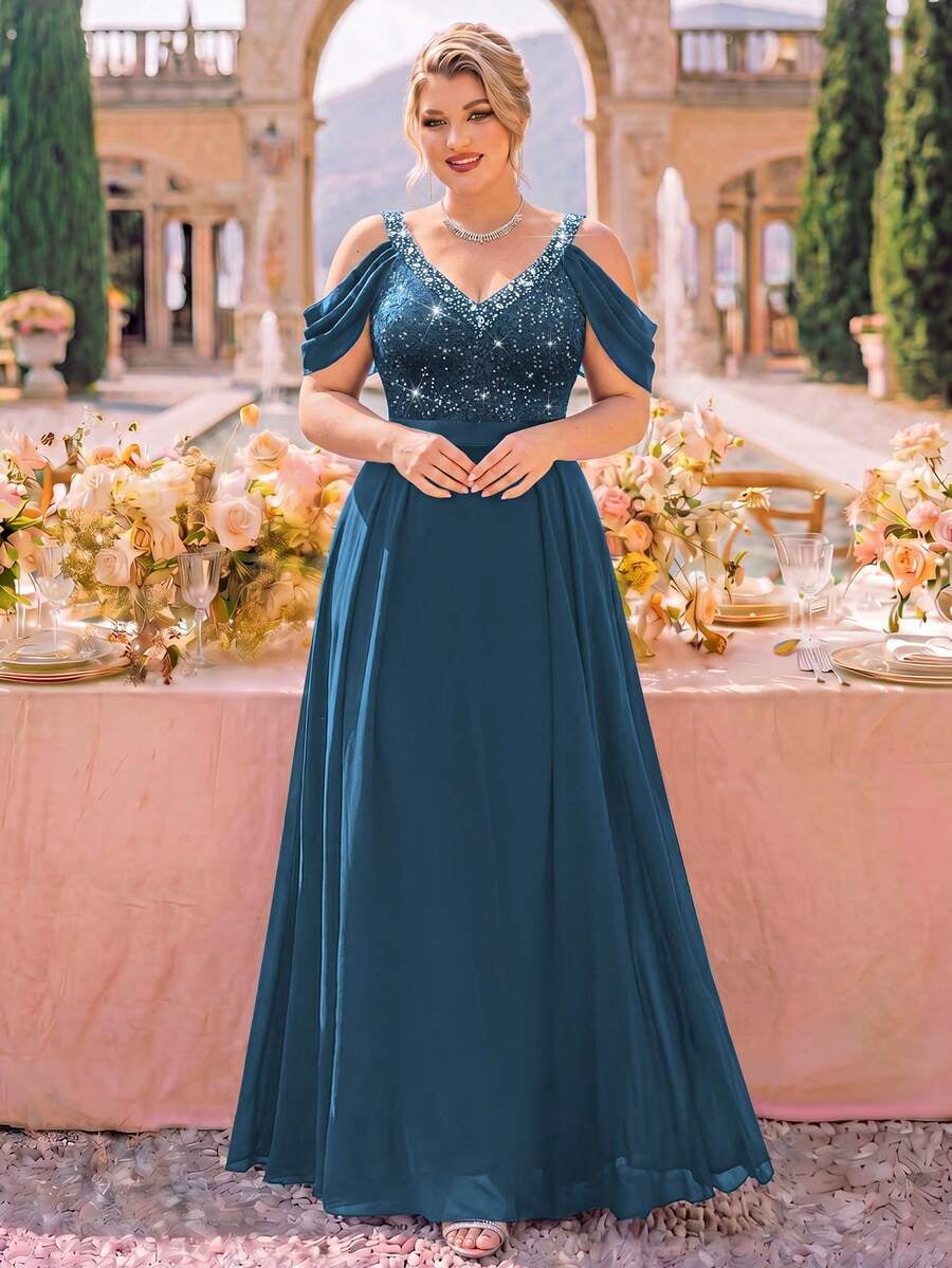 thumbnail image 4 of Plus Size Dusty Blue Sequin V-Neck Cold Shoulder Cape Sleeve Pleated, 4 of 9