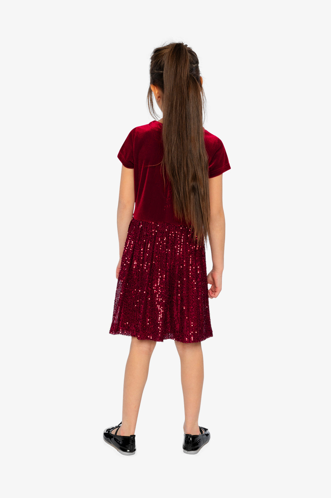 thumbnail image 4 of Deux Par Deux Girl Bi-Material Short Sleeve Dress With Glittering Skirt Red, 4 of 6