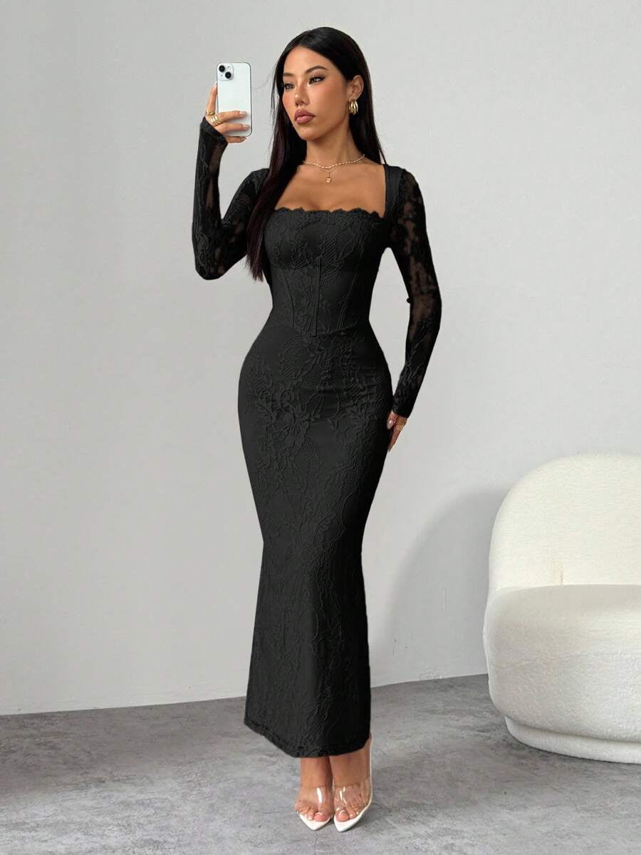 thumbnail image 6 of Black Lace Long Sleeve Square Neck Maxi Dress, 6 of 8