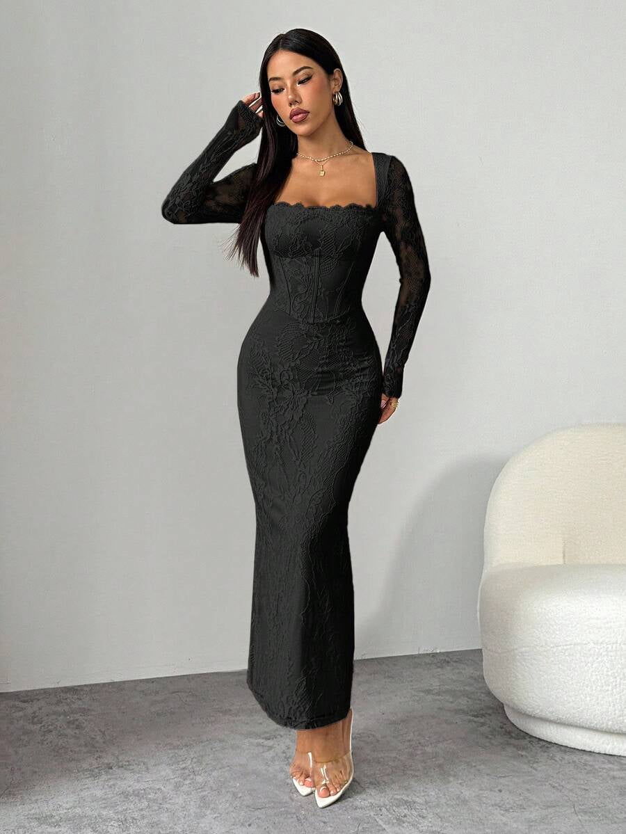 thumbnail image 5 of Black Lace Long Sleeve Square Neck Maxi Dress, 5 of 8