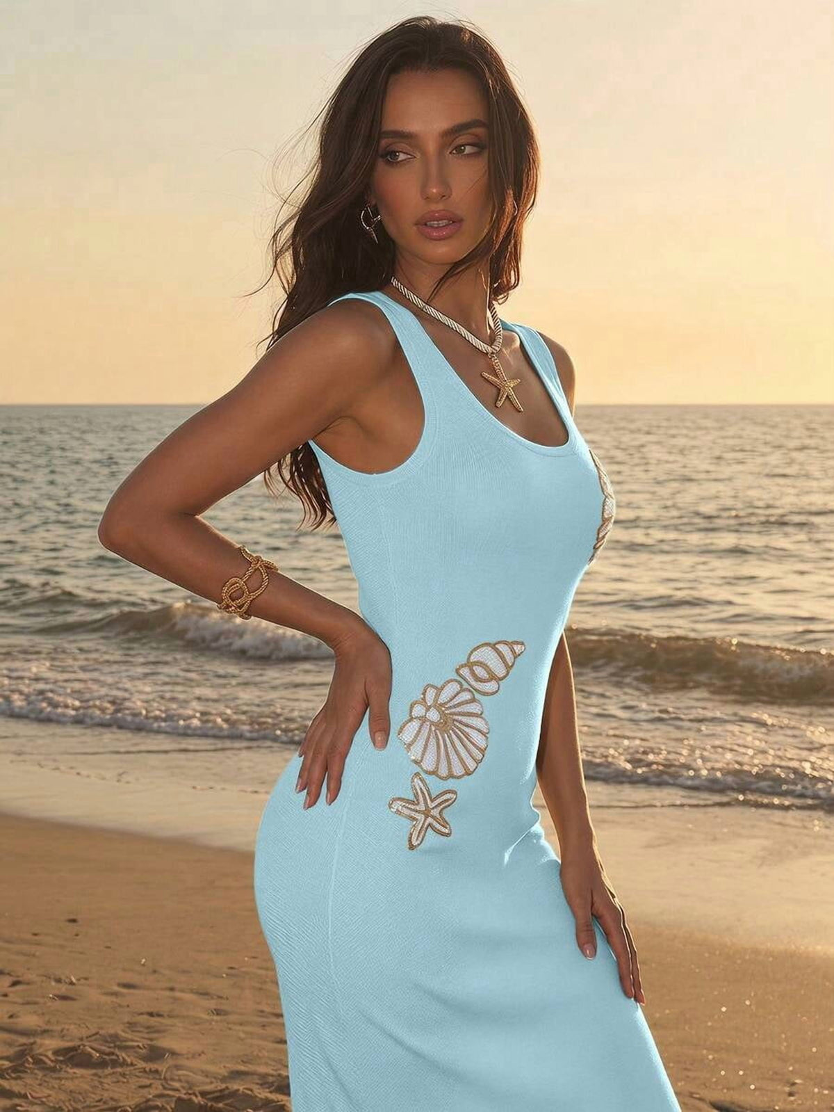 thumbnail image 3 of Women Light Blue Seashell Embroidered Knit Dress Sleeveless Scoop Neck, 3 of 8