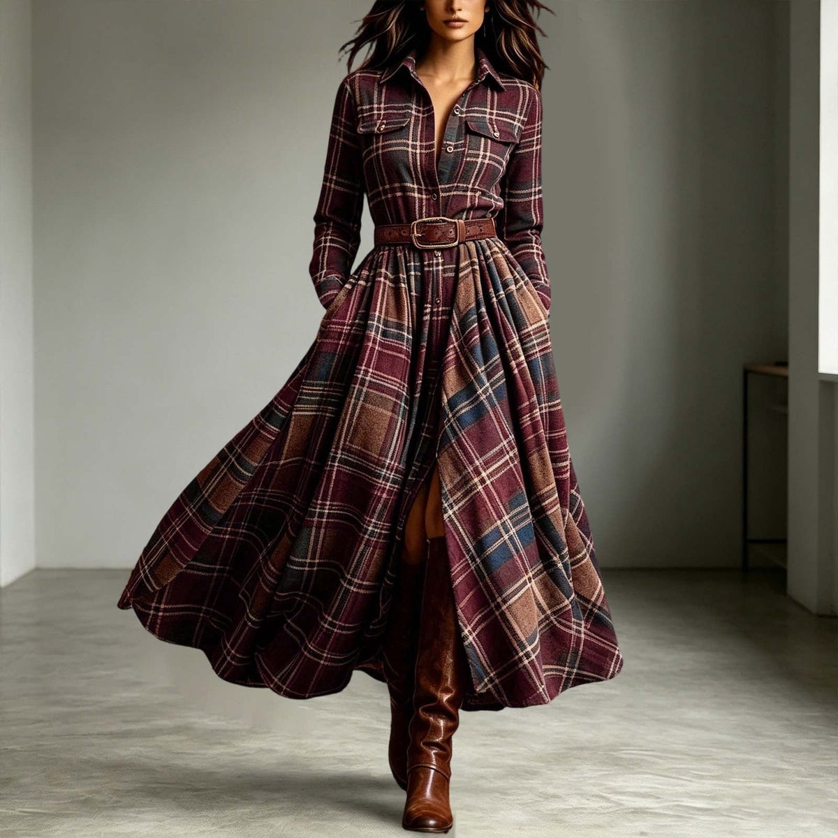 thumbnail image 4 of Turilly Womens Plaid Long Sleeve Maxi Dress Collared Button Front Belted Dress for Fall Winter Work Office, 4 of 6