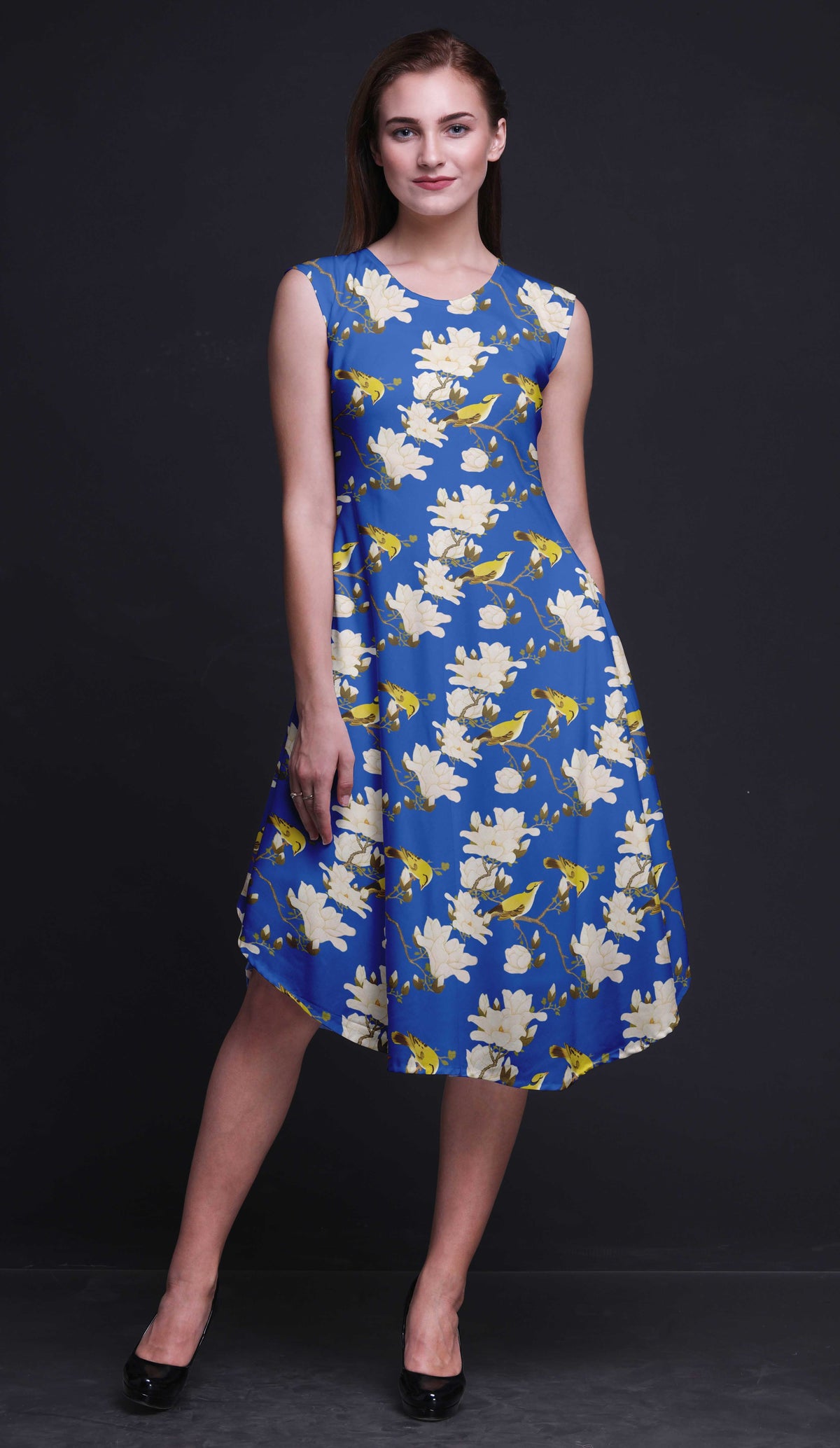 thumbnail image 2 of Bimba Blue Floral & Leaves Bird Bird Printed Knee Length Ladies Sleeveless Holiday Wear Tank Dress-X-Small, 2 of 6