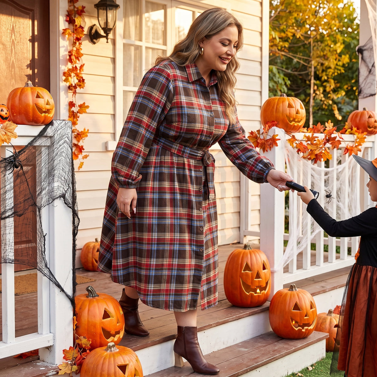 thumbnail image 2 of Agnes Orinda Women's Plus Size Halloween Outfits Shirt Dress Single Breasted Belted Plaid Curved Hem Long Sleeves Fall Casual Dresses with Pockets 3X Khaki, 2 of 8