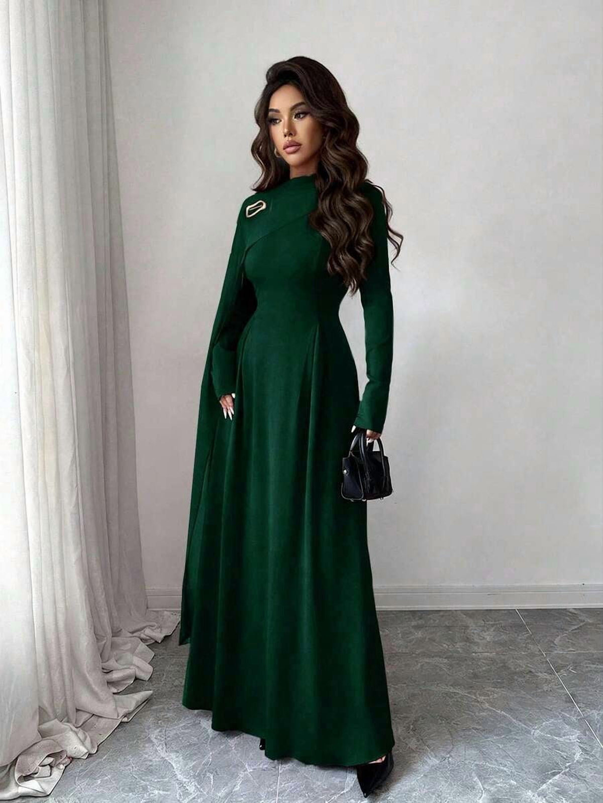 thumbnail image 4 of Elegant Dark Green Chiffon Patchwork High Neck Long Sleeve A-Line Dress, 4 of 6