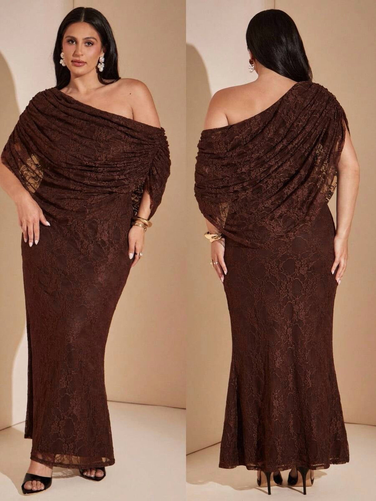 thumbnail image 3 of Plus Size Brown Lace Mermaid Maxi Dress Cowl Neck Off Shoulder, 3 of 8
