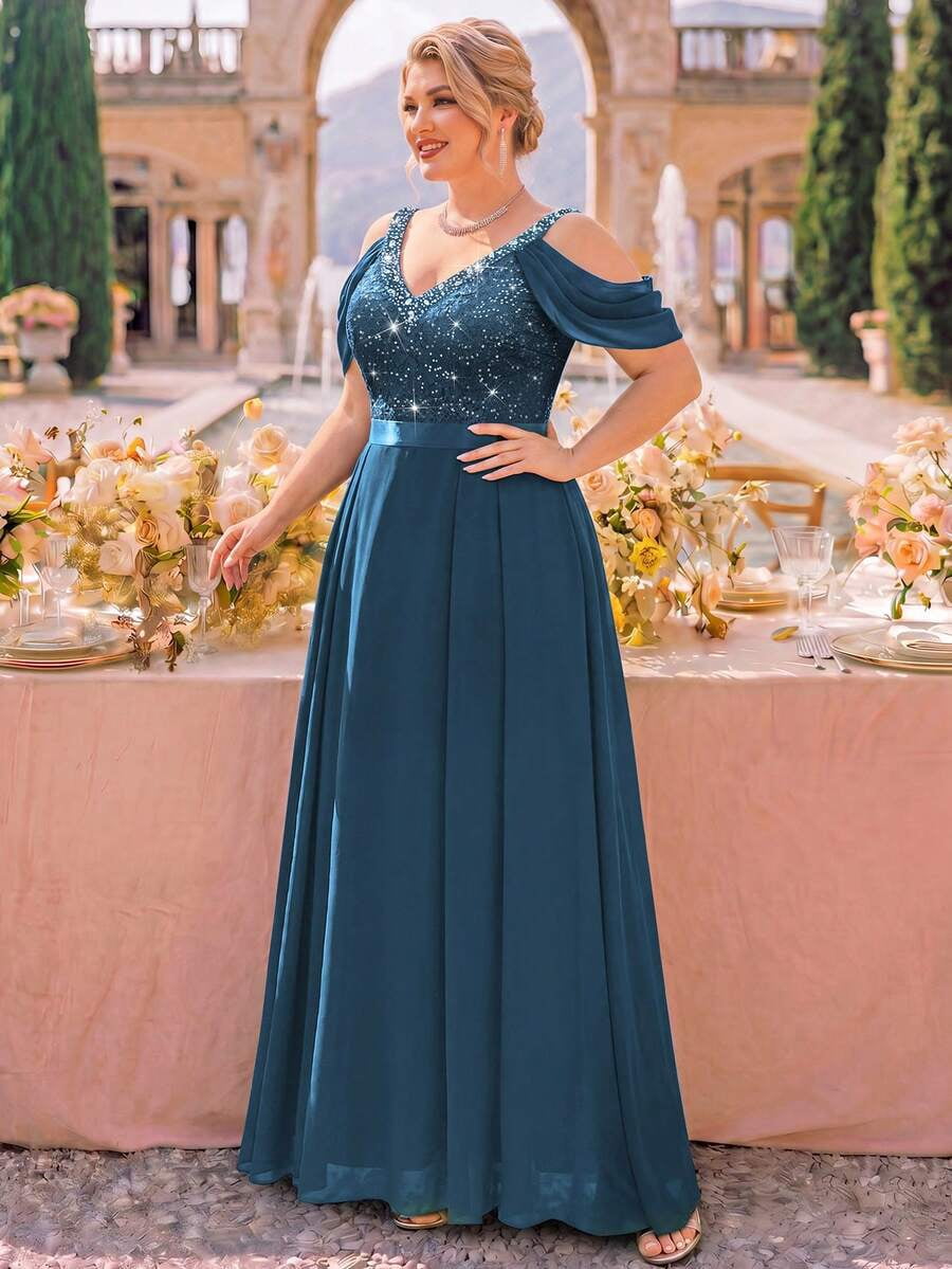 thumbnail image 6 of Plus Size Dusty Blue Sequin V-Neck Cold Shoulder Cape Sleeve Pleated, 6 of 9