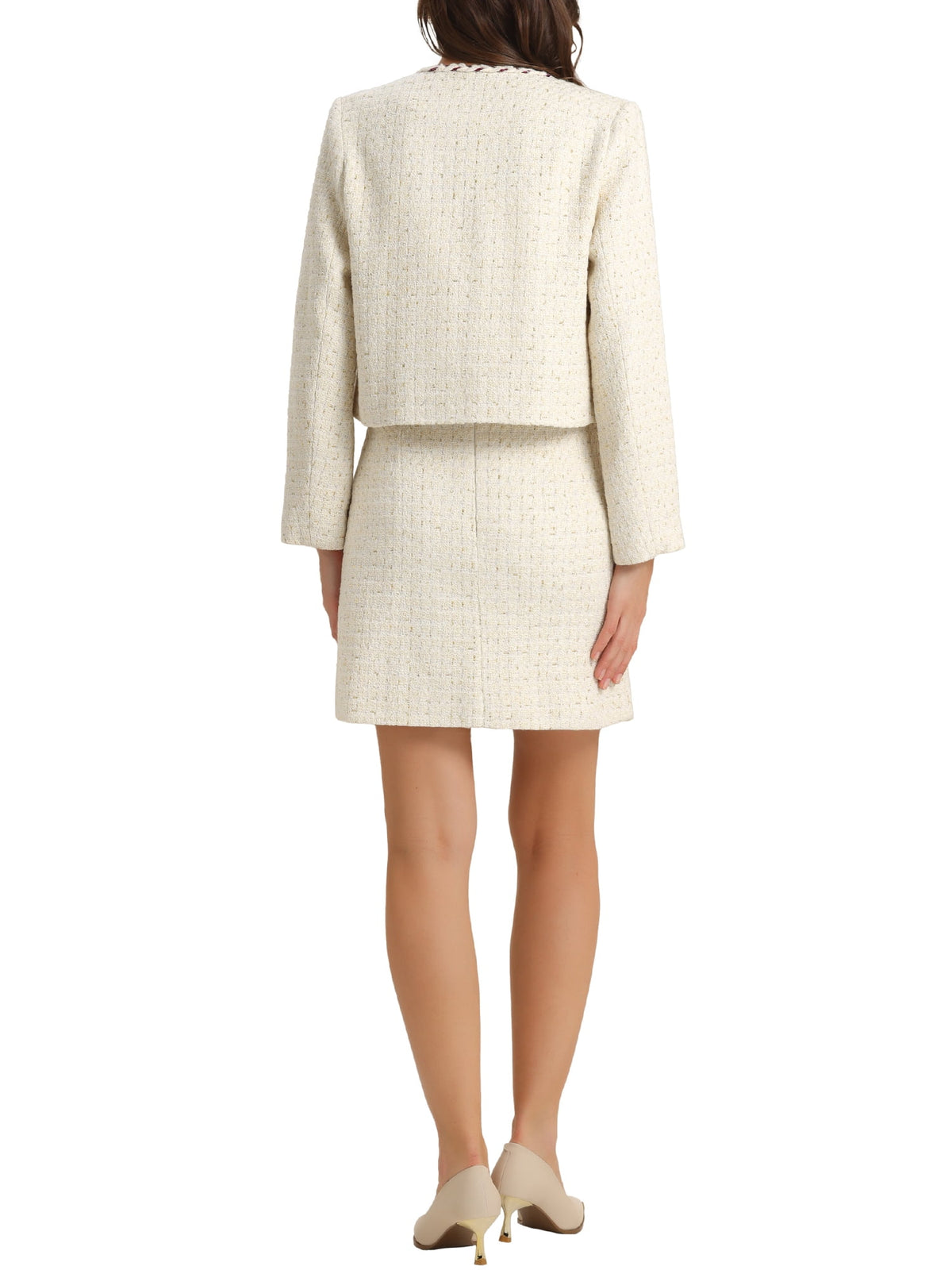 thumbnail image 3 of INSPIRE CHIC Plaid Tweed Outfits for Women's Open Front Short Blazer Jacket and Skirt Sets M White, 3 of 5