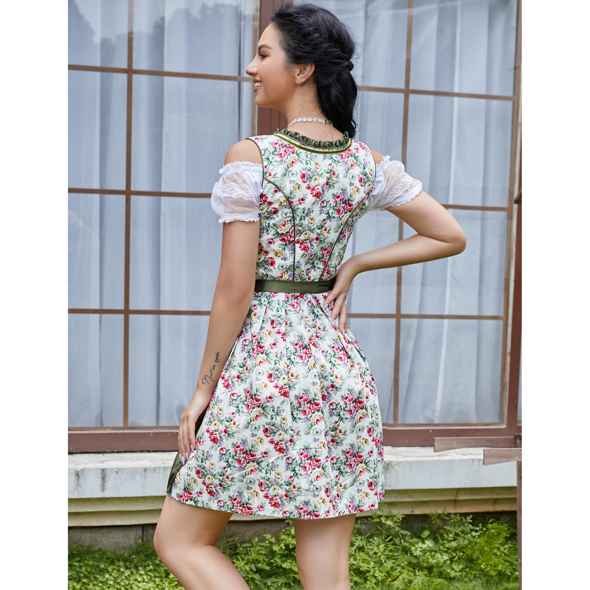 thumbnail image 4 of Women’s Beer Festival Dirndl Dress 3-Piece Set, Floral Lace-Up Dress with Off-Shoulder Blouse and Green Apron, 4 of 5
