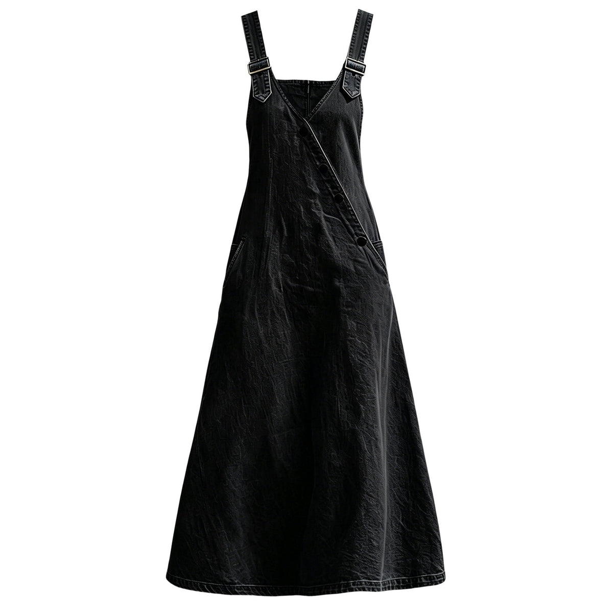 thumbnail image 4 of Casual Dresses Women's Collar Button Denim Dress V Neck Sleeveless Loose Fit Casual Long Dress Overalls Solid Black XL, 4 of 6