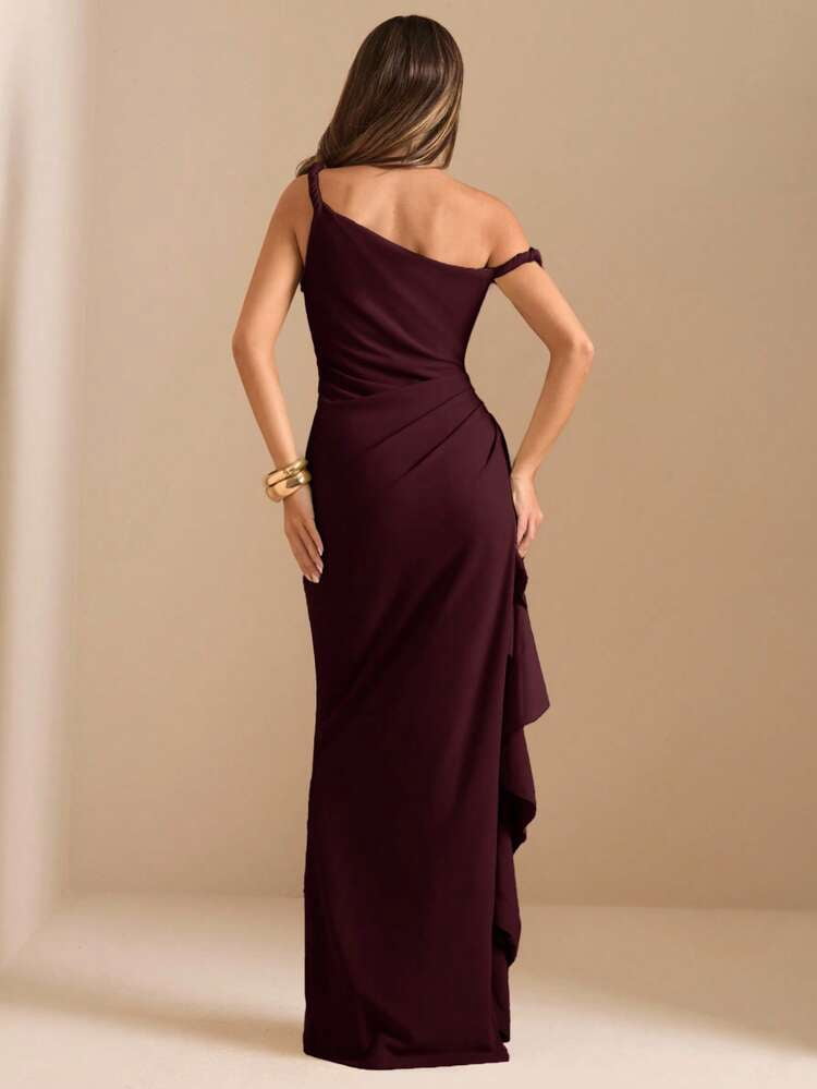 thumbnail image 2 of Maroon One Shoulder Ruffle Wrap Maxi Dress, 2 of 7