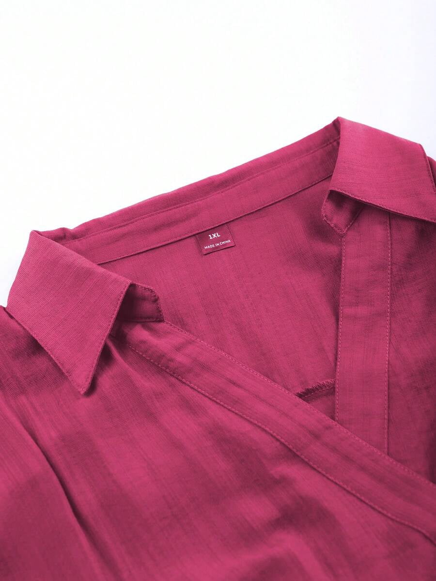 thumbnail image 3 of Womens Red Violet Sleeveless Linen Shirt Collar V-Neck A-Line Midi Dress, 3 of 5
