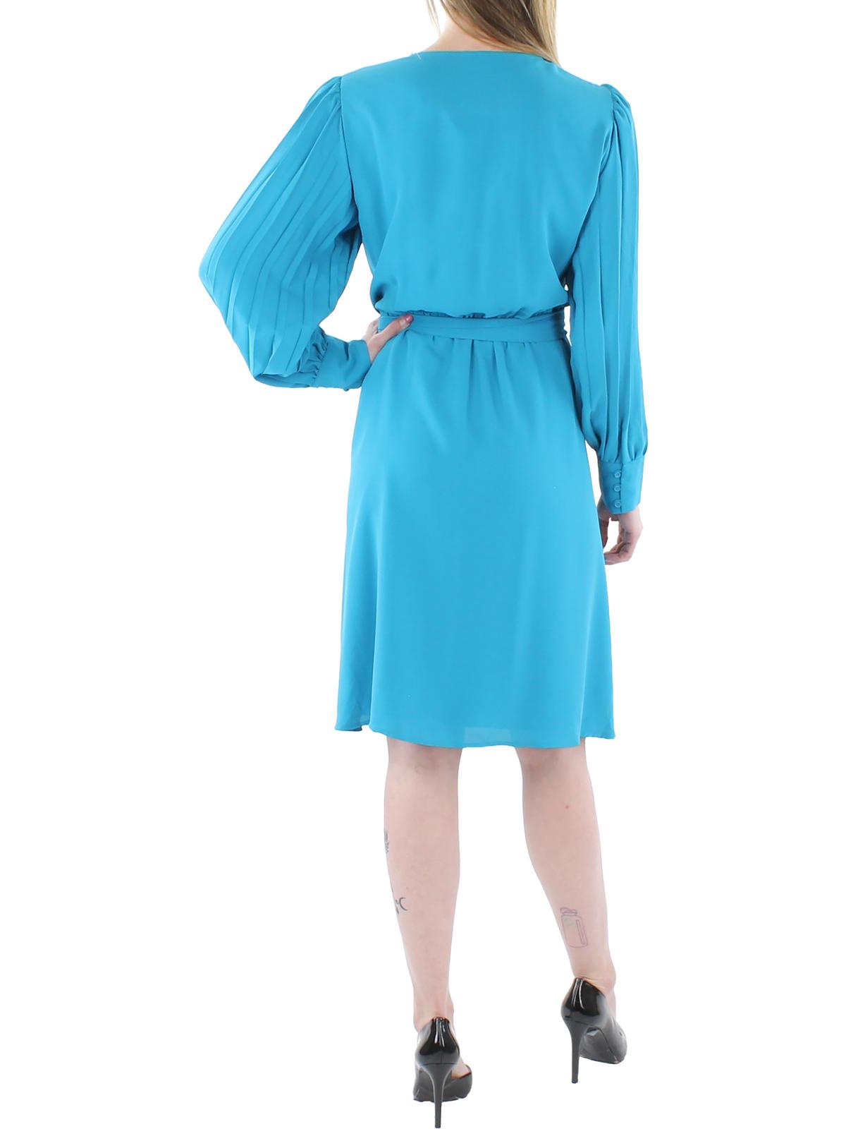thumbnail image 2 of Anne Klein Womens V-Neck Pleated-Long-Sleeve Dress Teal Ocean M, 2 of 2