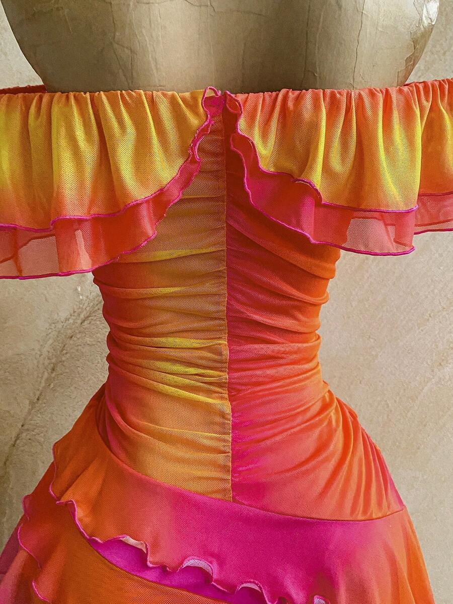 thumbnail image 6 of Multicolor Off-Shoulder Ruffle Asymmetrical Hem Boho Dress For Women, 6 of 30