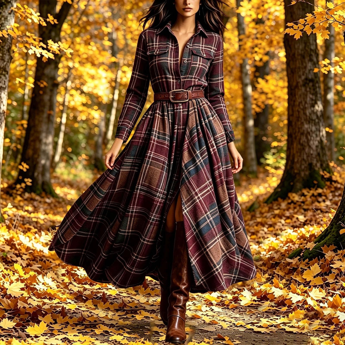 thumbnail image 5 of BRGZLK Maxi Dresses for Women Fall Winter Retro Lapel Button Down Long Sleeves Plaid Maxi Shirt Dress A-Line Flowy Casual Dress with Pockets & Belt Red XL, 5 of 6